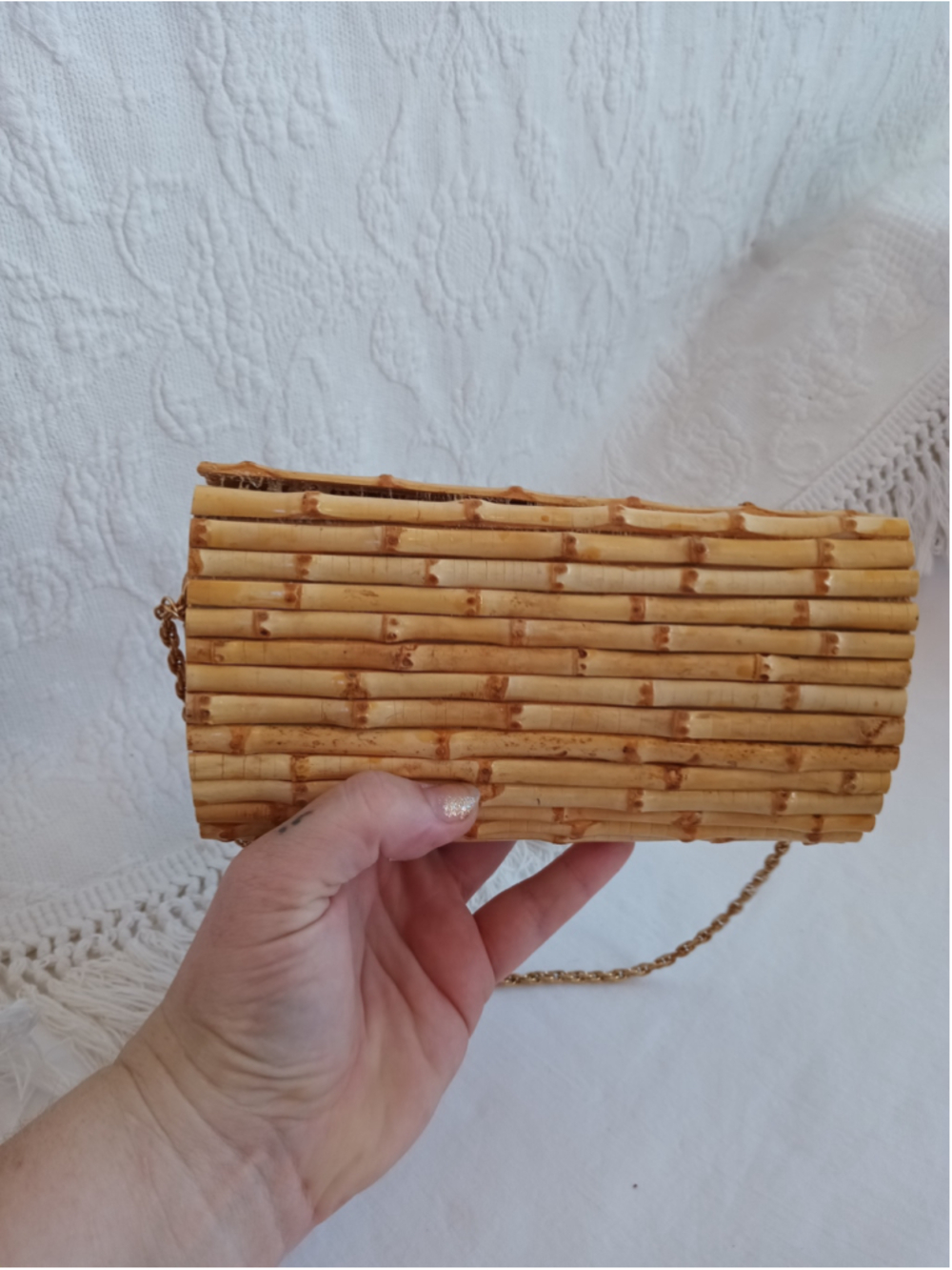 Ann Taylor Classic Bamboo Minaudière Clutch vintage 90s fun kitsch natural wood - Picture 8 of 11